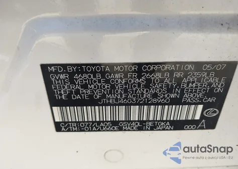 2007 Lexus Es 350 from USA, damaged, VIN JTHBJ46G372128960